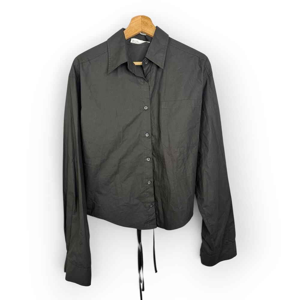 Oak + Fort Black Cropped Button-Up Shirt Lace-Up Back Tie Cotton Small